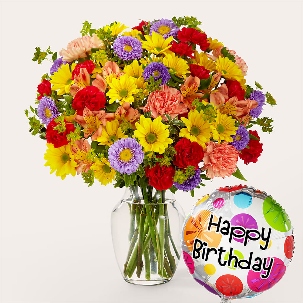 Kaleidoscope Bouquet with Birthday Balloon – Citifloral, New York NY