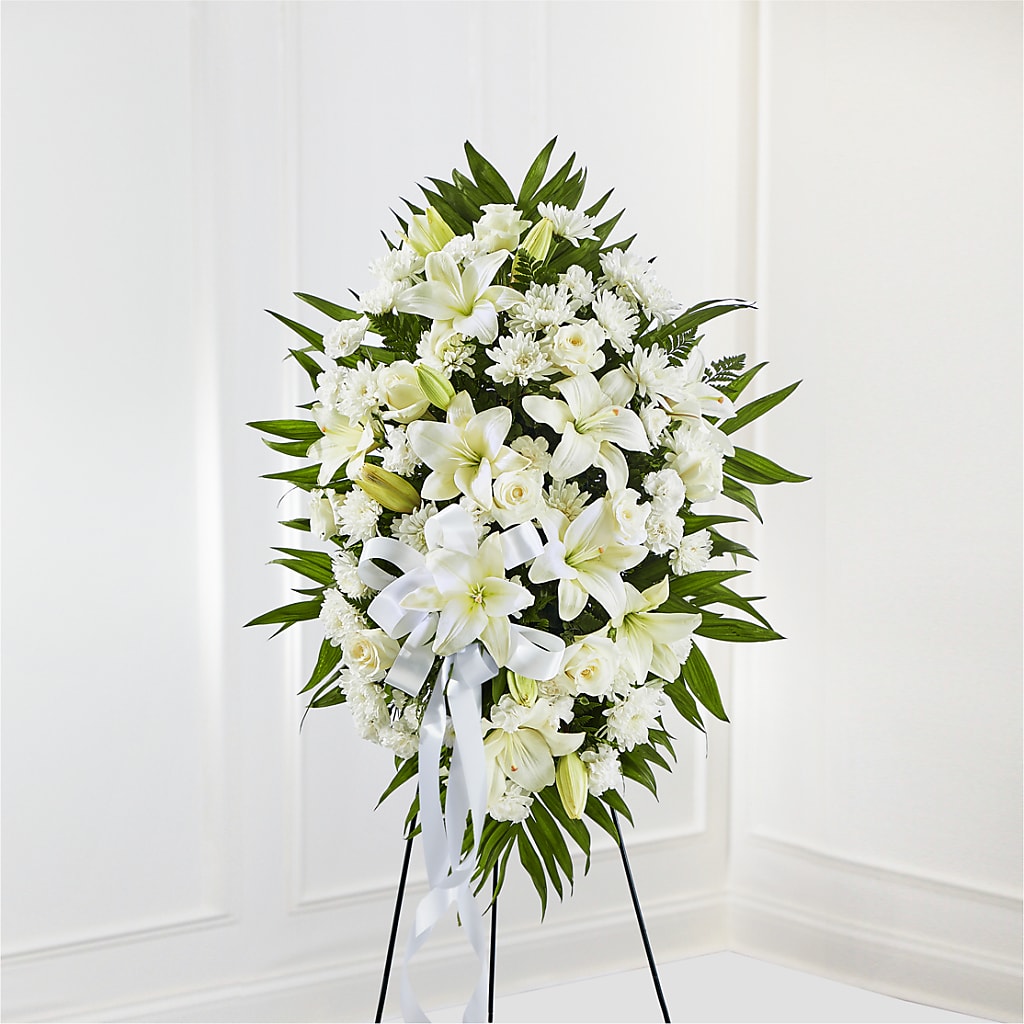 Exquisite Tribute Standing Spray-White Ribbon – Citifloral, New York NY