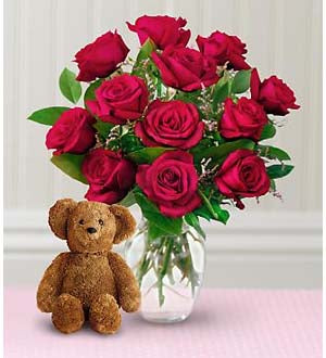 Dozen Red Roses with Teddy Bear