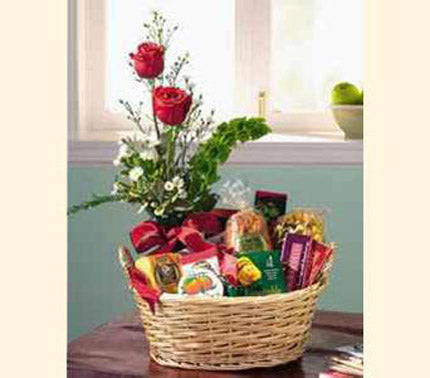 Food and Red Roses Gift Basket